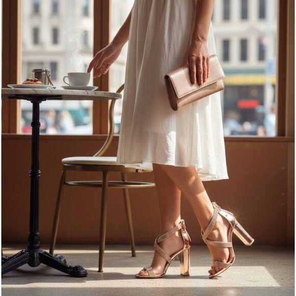 Delicious Shoes ✦ Glitzy Rhinestone Chrome Block Heels ✦ Rose Gold Almond Toe 8½ - Picture 13 of 17